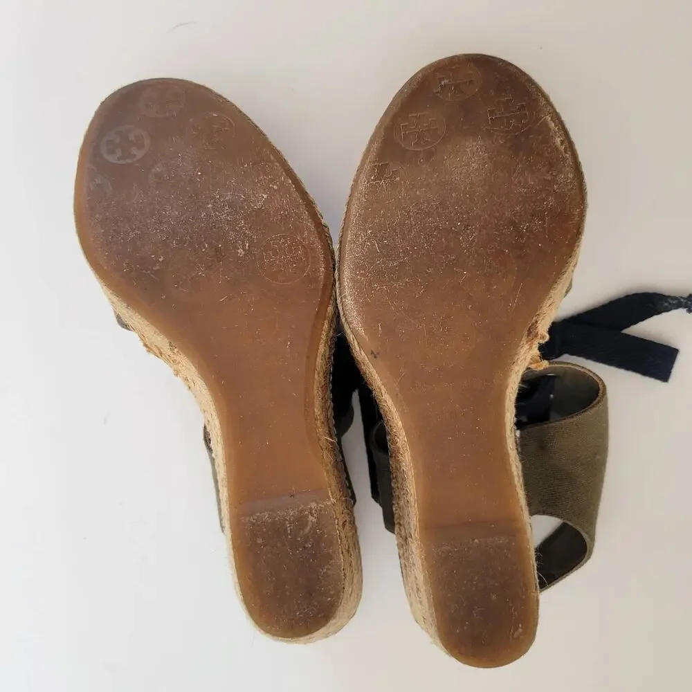 Tory Burch Lace Up Espadrille Wedge Sandals Olive Green Platform Women 9
